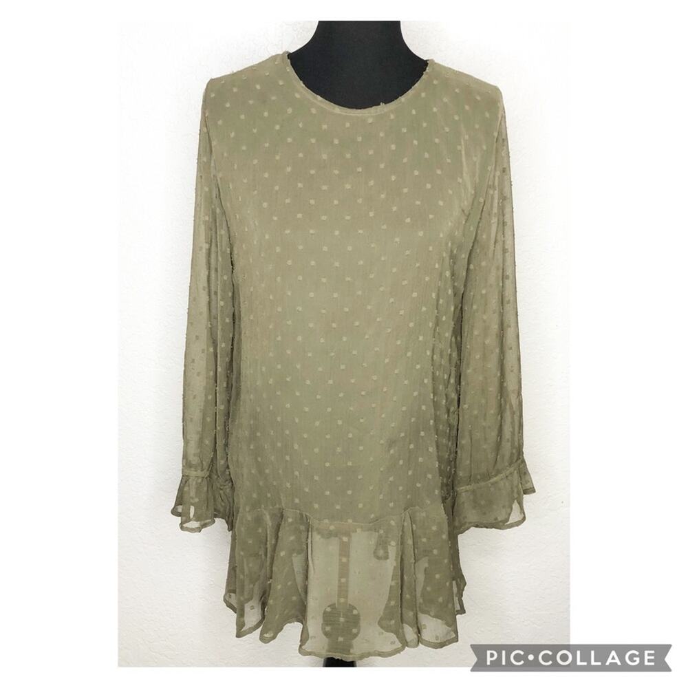 Soft Surroundings army olive green swiss dot sheer overlay tunic top size Medium
